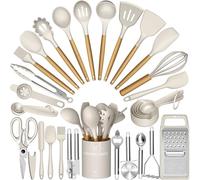 Terlulu Kitchen Utensils Set, 34PCS Silicone Cooking Utensils Set with Wooden Handle, Heat Resistant Silicone Utensil Set, Tongs Spatula Spoon Set for Nonstick Cookware, Kitchen Tools (Khaki)
