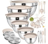 Terlulu Mixing Bowls, Set of 6, Stainless Steel Salad Bowl with Airtight Lid and Silicone Base, 3 Grater Attachments, Dishwasher Safe, 6.6 L/3.8 L/2.4 L/1.9 L/1.4 L/0.6 L, Khaki, YONGWANGXING-0041EU