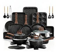 Terlulu Pots and Pans Set Non-Stick, 31PCS Induction Hob Cookware & Bakeware Set, Induction Pan Set with Frying Pans, Grill Pan & Saucepans W/Lids, Black Granite Kitchen Cooking Set, PFOA & PFOS Free
