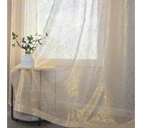 TERLYEX Gold Sheer Curtains 90 Inch Long 2 Panels Metallic Shimmer Gold Light Filtering Privacy Glittering Sheer Curtain 52 x 90 Inch, Taupe