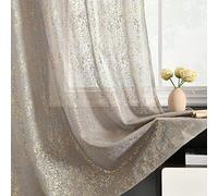 TERLYTEX Grey Gold Sheer Curtains for Short Windows, Metallic Foil Sparkle 45 Inch Length Cafe Curtains 2 Panels, Rod Pocket Glitter 52 x 45 Inch