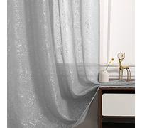 TERLYTEX Sheer Curtains, Silver, 72 Inch Length, Chic Silver Grey Window Curtains for Patio Door, Rod Pocket, Metallic Silver Foil, Glittery Curtains for Bedroom