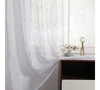 TERLYTEX Silver White Sheer Curtains 45 Inch Length for Bedroom, Rod Pocket Chic Metallic Silver Foil Spots Print Sparkle Shiny Sheer Curtains 2 Panels Set for Windows, 52 x 45 Inch, White Silver