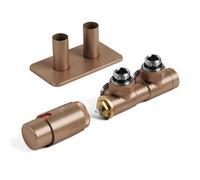 Terma Radiator Valves Twins, Angled, 50mm Integrated Trvs Set Left Sided, With Pipe Masking, Bright Copper