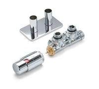 Terma Radiator Valves Twins, Angled, 50mm Integrated Trvs Set Left Sided, With Pipe Masking, Chrome