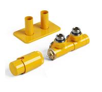 Terma Radiator Valves Twins, Angled, 50mm Integrated Trvs Set Left Sided, With Pipe Masking, Ral 1004 (Mustard)