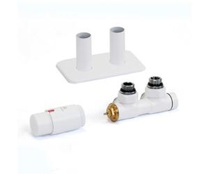 Terma Radiator Valves Twins, Angled, 50mm Integrated Trvs Set Left Sided, With Pipe Masking, White Soft Ral 9016