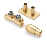 Terma Radiator Valves Twins, Angled, 50mm Integrated Trvs Set Right Sided, With Pipe Masking, Brass