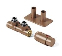 Terma Radiator Valves Twins, Angled, 50mm Integrated Trvs Set Right Sided, With Pipe Masking, Bright Copper