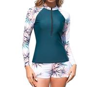 TERODACO Half Zip Women Rash Vest Built in Bra 2 Piece Womens Swim Shorts and Top Set UPF50+ Long Sleeve Ladies Swimsuit Surfing Rash Guard,Quick Dry Soft Stretchy 2501 Blue White XL