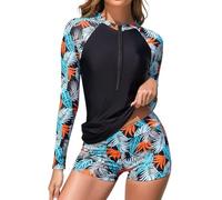 TERODACO Half Zip Women Rash Vest Built in Bra 2 Piece Womens Swim Shorts and Top Set UPF50+ Long Sleeve Ladies Swimsuit Surfing Rash Guard,Quick Dry Soft Stretchy 2501 Black Blue Leaf XL