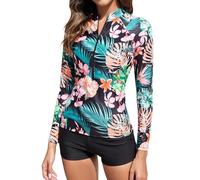 TERODACO Half Zip Women Rash Vest Built in Bra 2 Piece Womens Swim Shorts and Top Set UPF50+ Long Sleeve Ladies Swimsuit Surfing Rash Guard,Quick Dry Soft Stretchy 2404 Green XL