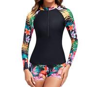 TERODACO Half Zip Women Rash Vest Built in Bra 2 Piece Womens Swim Shorts and Top Set UPF50+ Long Sleeve Ladies Swimsuit Surfing Rash Guard,Quick Dry Soft Stretchy 2403 Black Red Flower XL