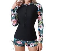 TERODACO Women Rash Vest Half Zip UPF 50+ Swimming Costume Women 2 Piece Long Sleeve Ladies Swimsuit Surfing Swim Shorts and Top Set,Stretchy Soft Sweat Wicking 978 Black Pineapple L