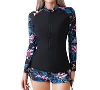 TERODACO Women Rash Vest Half Zip UPF 50+ Swimming Costume Women 2 Piece Long Sleeve Ladies Swimsuit Surfing Swim Shorts and Top Set,Stretchy Soft Sweat Wicking 978 Black Pink Leaf L