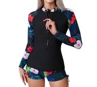 TERODACO Women Rash Vest Half Zip UPF 50+ Swimming Costume Women 2 Piece Long Sleeve Ladies Swimsuit Surfing Swim Shorts and Top Set,Stretchy Soft Sweat Wicking 978 Black Red Flower M