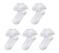 TEROTY 5 Pairs Little Girls Ruffle Lace Trim Cotton Socks Baby Girl Eyelet Princess Frilly Dress Socks (UK, Age, 4 Years, 6 Years, Regular, White)