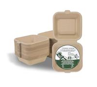 Terra Verde 6x6" Disposable Bamboo Fibre Burger Boxes - Pack of 50 | Unbleached Natural Brown Clamshell | Compostable, Eco-Friendly & Sturdy Takeaway Containers for Hot & Cold Food, Salad, Pastry