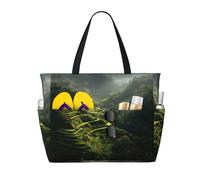 Terraced Fields in Bali Print Large Capacity Beach Travel Bag, Waterproof Beach Tote Bag with Zip and Pocket, Tote Bags for Traveling, Shopping, Pool