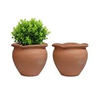 Terracotta Ceramic Flower Pot with Drainage Hole, Set of 2, Ruffled Rim Round Clay Planter for Flowers, Herbs, Shrubs, Succulents Outdoor Plants 20cm Diameter (Terracotta (2pcs))