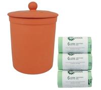 Terracotta Ceramic Kitchen Compost Caddy & 150x All-Green Compostable Bags - Chetnole ceramic composting Bin for Food Waste Recycling