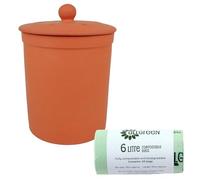 Terracotta Ceramic Kitchen Compost Caddy & 50x All-Green Compostable Bags - Chetnole ceramic composting Bin for Food Waste Recycling