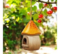 Terracotta Mushroom Bird House - Red or Orange - Hanging or Freestanding Nesting Shelter for Small Birds - Weather-Resistant Outdoor Garden Décor (19cm x 14.5cm x 13cm) (Orange, Small)