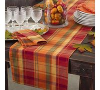 Terracotta Orange Holiday Harvest Plaid Design Cotton Runner. 16"x108" Oblong