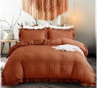 Terracotta Seersucker Ruffle Duvet Cover Burnt Orange Puckering Fall Bedding Set Soft Microfibre Duvet Cover Set with 2 Pillowcases and Zipper Closure Double Size 200×200 cm