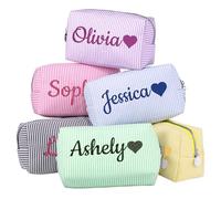 TERRALIX Personalised Seersucker Makeup Bag with Embroidered Name&Birth Flower Custom Cosmetic Toiletry Travel Bag Personalised Gifts for Women Girls (Style 4)