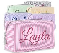 TERRALIX Personalised Seersucker Makeup Bag with Embroidered Name&Birth Flower Custom Cosmetic Toiletry Travel Bag Personalised Gifts for Women Girls (Style 1)