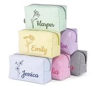 TERRALIX Personalised Seersucker Makeup Bag with Embroidered Name&Birth Flower Custom Cosmetic Toiletry Travel Bag Personalised Gifts for Women Girls (Style 2)