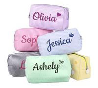 TERRALIX Personalised Seersucker Makeup Bag with Embroidered Name&Birth Flower Custom Cosmetic Toiletry Travel Bag Personalised Gifts for Women Girls (Style 3)