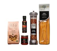 Terramezzo Italian Gourmet Gift Set, Pasta, Chili Oil, Chili Flakes, Taralli Biscuits, 4-Piece Collection