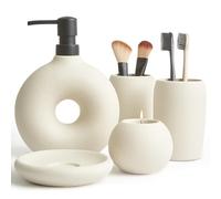 Terramoza Ceramic Bathroom Accessory Set, 5 Pcs - Includes Soap Dispenser, Toothbrush Cup, Toothbrush Holder, Soap Dish & Candle Holder - Beige, Matte Glaze - Aesthetic Bathroom Decor