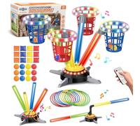 TERRAMUS 3 in 1 Bean Bag Ring Toss Game for Kids, Rechargeable Musical Jumping Games w/LED Light & Remote, Electric Spinning Base, Sandbags, Rings, Carnival Indoor Outdoor Sport Toy for 3+ Boys Girls