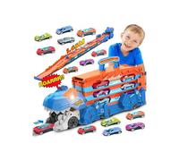 TERRAMUS Dinosaur Toys for 3 4 5 6 Year Olds Boys Gifts, 3-In-1 Ejection Folding Transport Truck with 8 Race Cars for 3 4 5 6 Year Olds Kids, Portable Dinosaur Toy with Sound, Best Gift Vehicles Set