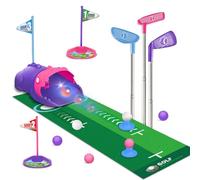 TERRAMUS Kids Toy Golf Set with Dinosaur Automatic Golf Returner, Led Light Up Night Golf Balls, 3 Clubs, Putting Mat, 3-8 Toddler Mini Golf Games, Indoor Outdoor Sports Toys for Boys Girls (Pink)