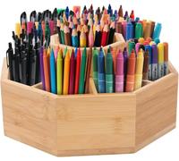 TerraNook Bamboo Rotating Pen Holder & Desk Organiser - 360° Spinning Marker Pen Storage with 8 Compartments, Holds 300+ Pens Pencils Markers Brushes for Office, Artist, School Use (Wood)