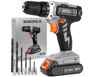 Terratek Cordless Drill Driver 20V Li-Ion 1HR Fast Charge Battery, 13Pc Electric Screwdriver Set, LED Work Light, Electric Drill Quick Change Power Drill Battery and Charger Included