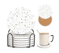 Terrazzo Ceramic Coasters Set with Cork Base, 10.3 cm, Absorbent Heat-Resistant Cup Mats, White, Set of 6