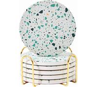 Terrazzo Coasters Set of 6, Ceramic Absorbent Drink Coasters, Cute Moisture Absorbing Coaster, Coffee Table Desk Decor, Colorful Stone Coaster for Drinks (Sage)