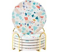 Terrazzo Coasters Set of 6, Ceramic Absorbent Drink Coasters, Cute Moisture Absorbing Coaster, Coffee Table Desk Decor, Colorful Stone Coaster for Drinks (Pastel)