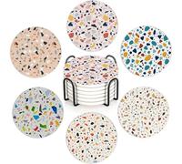 Terrazzo Marble Coasters Set of 6,Absorbent Ceramic Coasters with Cork Base,Round Coaster Mats for Cold Drinks & Mugs, Rustic Home Decor + Holder