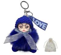 Terrflux Cute Big Eye Doll Plush Keyring | Fluffy Bag Charm with Glitter Bow & Crochet Hat | Clip-On Accessory for Backpacks, Keychains & Handbags | Accessory for Girls & Women (blue)