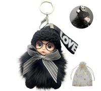 Terrflux Cute Big Eye Doll Plush Keyring | Fluffy Bag Charm with Glitter Bow & Crochet Hat | Clip-On Accessory for Backpacks, Keychains & Handbags | Accessory for Girls & Women (black)