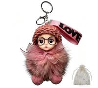 Terrflux Cute Big Eye Doll Plush Keyring | Fluffy Bag Charm with Glitter Bow & Crochet Hat | Clip-On Accessory for Backpacks, Keychains & Handbags | Accessory for Girls & Women (pink)