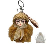 Terrflux Cute Big Eye Doll Plush Keyring | Fluffy Bag Charm with Glitter Bow & Crochet Hat | Clip-On Accessory for Backpacks, Keychains & Handbags | Accessory for Girls & Women (khaki)