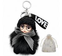 Terrflux Kawaii Doll Plush Keychain Cute Big Eyes with Glasses & Big Bow Bag Charm Fluffy Soft Pendant for Women Girls Birthday Gifts Car Keys Backpack Handbag