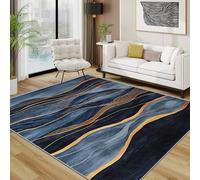 TerroVee Abstract Area Rugs for Living Room 80x150 - Modern Luxury Wave Rug for Bedroom, Blue and Gold Minimalist Non Slip Washable Short Pile Carpet, Abstract Room Decor